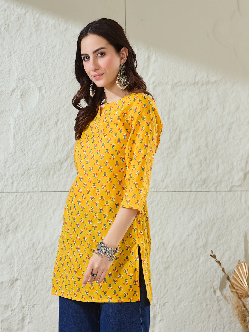 VASVI Women Cotton Floral Printed Top, Yellow