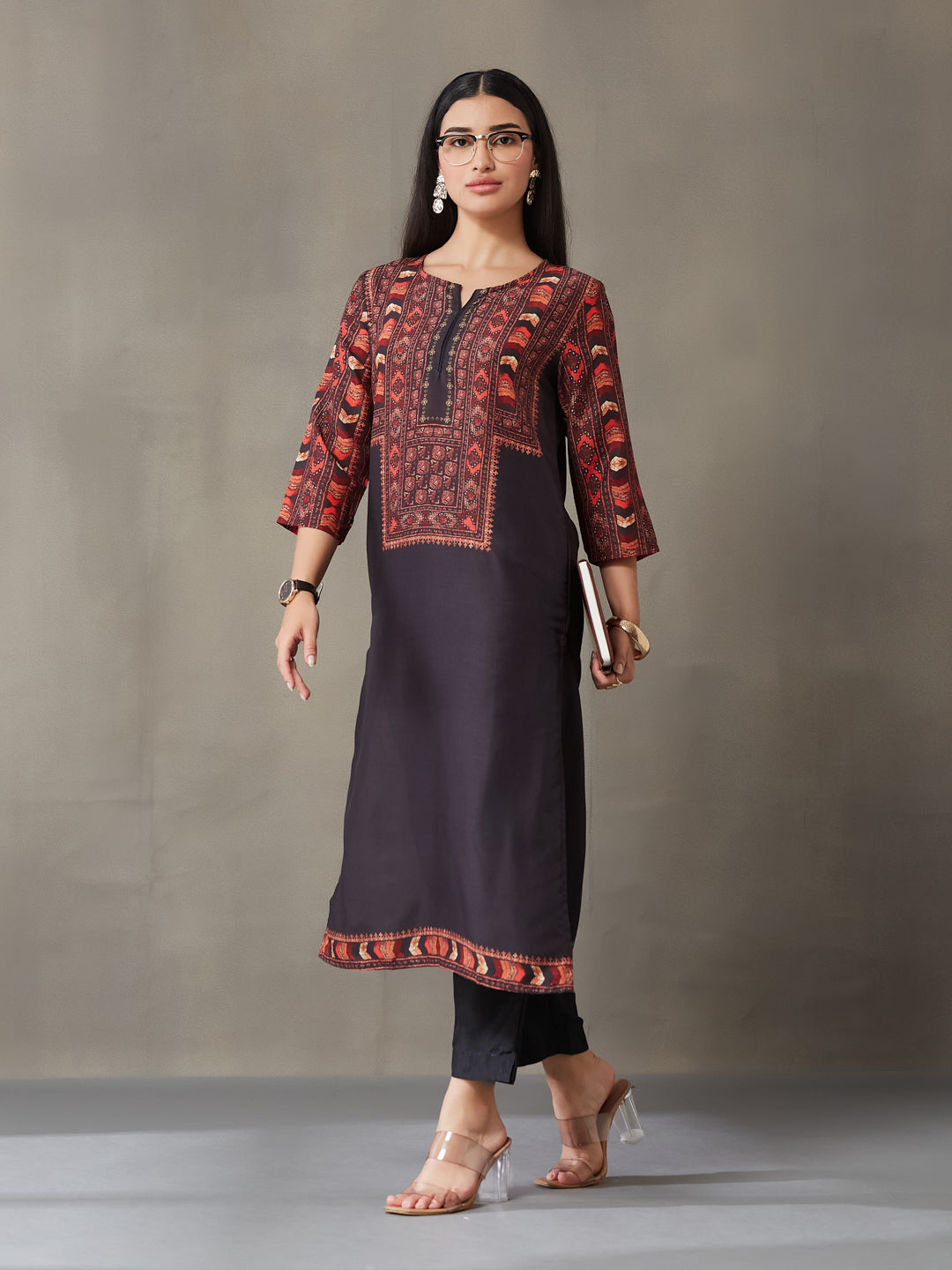 VASVI Women Poly Satin Digital Printed Straight Kurta with Pant Set, Black