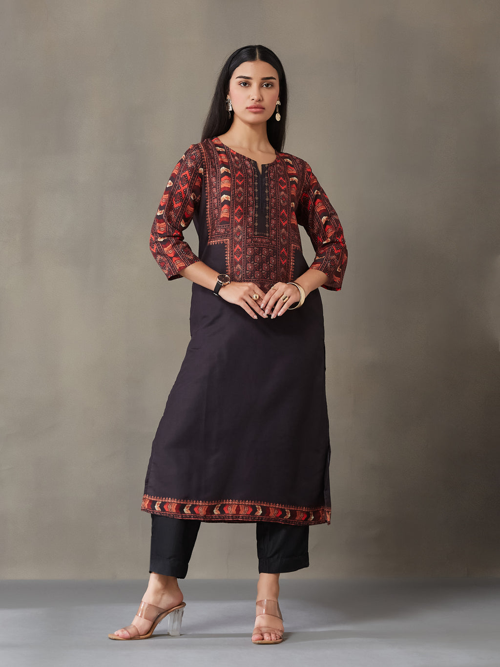VASVI Women Poly Satin Digital Printed Straight Kurta with Pant Set, Black
