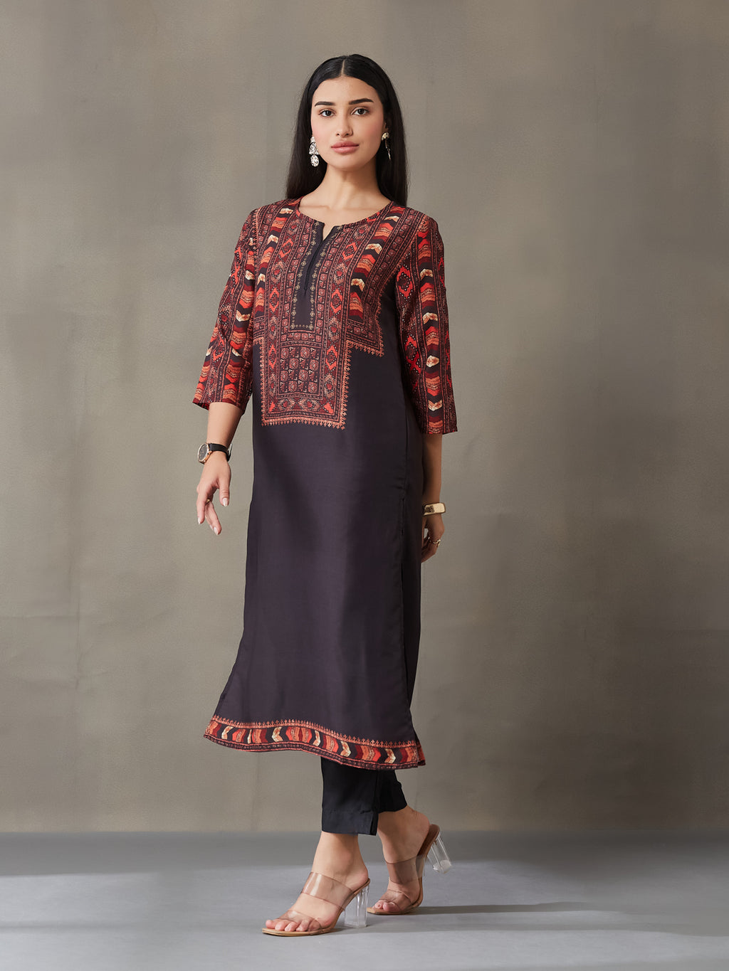 VASVI Women Poly Satin Digital Printed Straight Kurta with Pant Set, Black