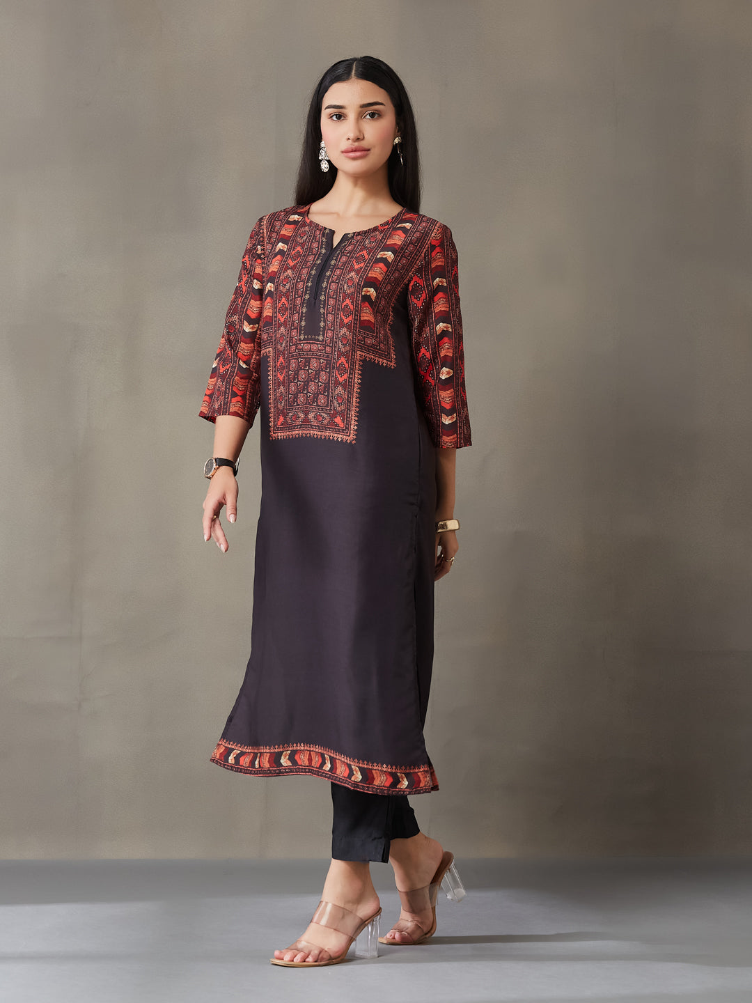 VASVI Women Poly Satin Digital Printed Straight Kurta with Pant Set, Black