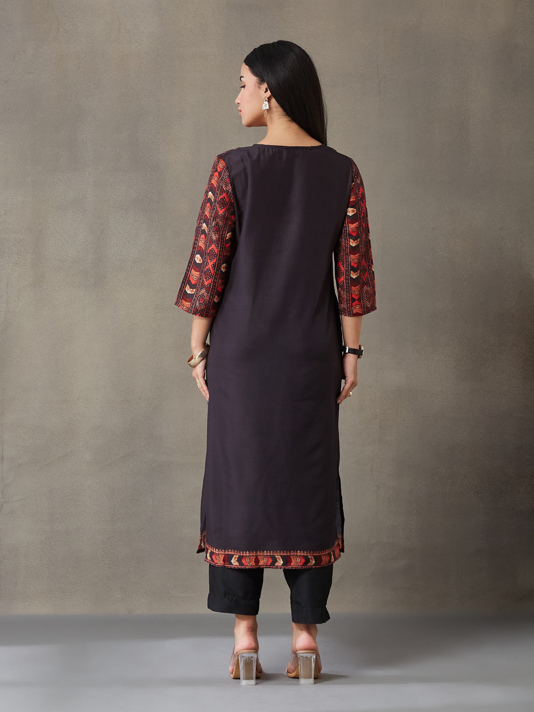 VASVI Women Poly Satin Digital Printed Straight Kurta with Pant Set, Black