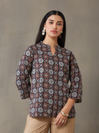 VASVI Women Cotton Block Printed Top, Black