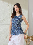 VASVI Women Cotton Printed Sleeveless Top, Blue