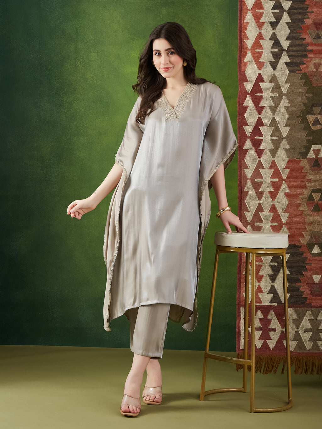 VASVI Women Satin Solid Embroidered Kaftan Kurta with Pant Set, Grey