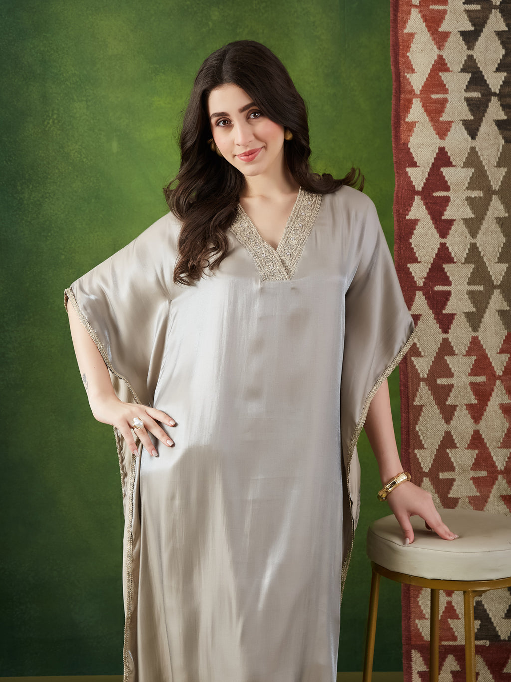 VASVI Women Satin Solid Embroidered Kaftan Kurta with Pant Set, Grey
