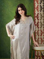 VASVI Women Satin Solid Embroidered Kaftan Kurta with Pant Set, Grey