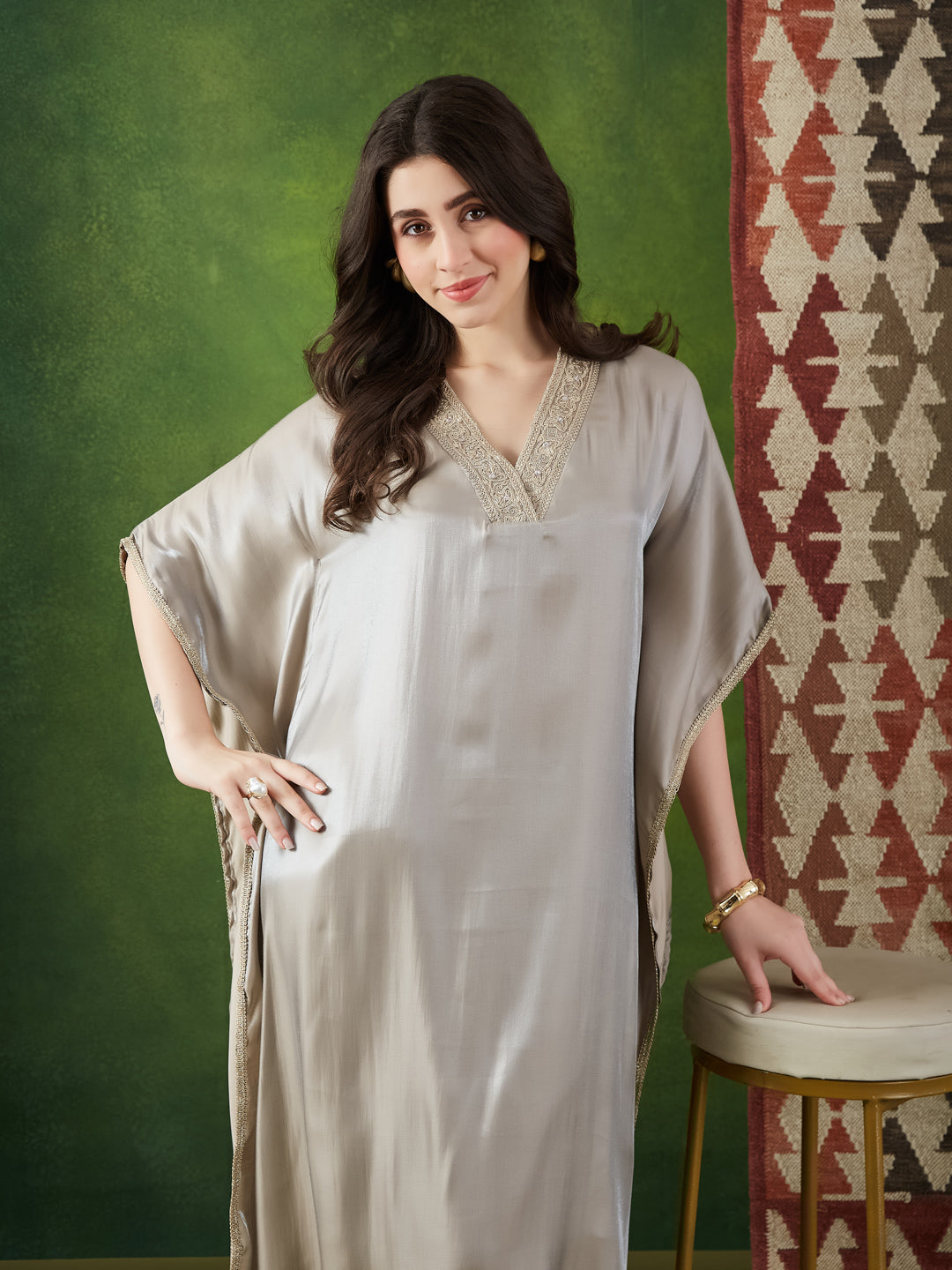 VASVI Women Satin Solid Embroidered Kaftan Kurta with Pant Set, Grey