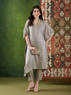 VASVI Women Satin Solid Embroidered Kaftan Kurta with Pant Set, Grey