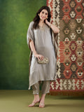VASVI Women Satin Solid Embroidered Kaftan Kurta with Pant Set, Grey
