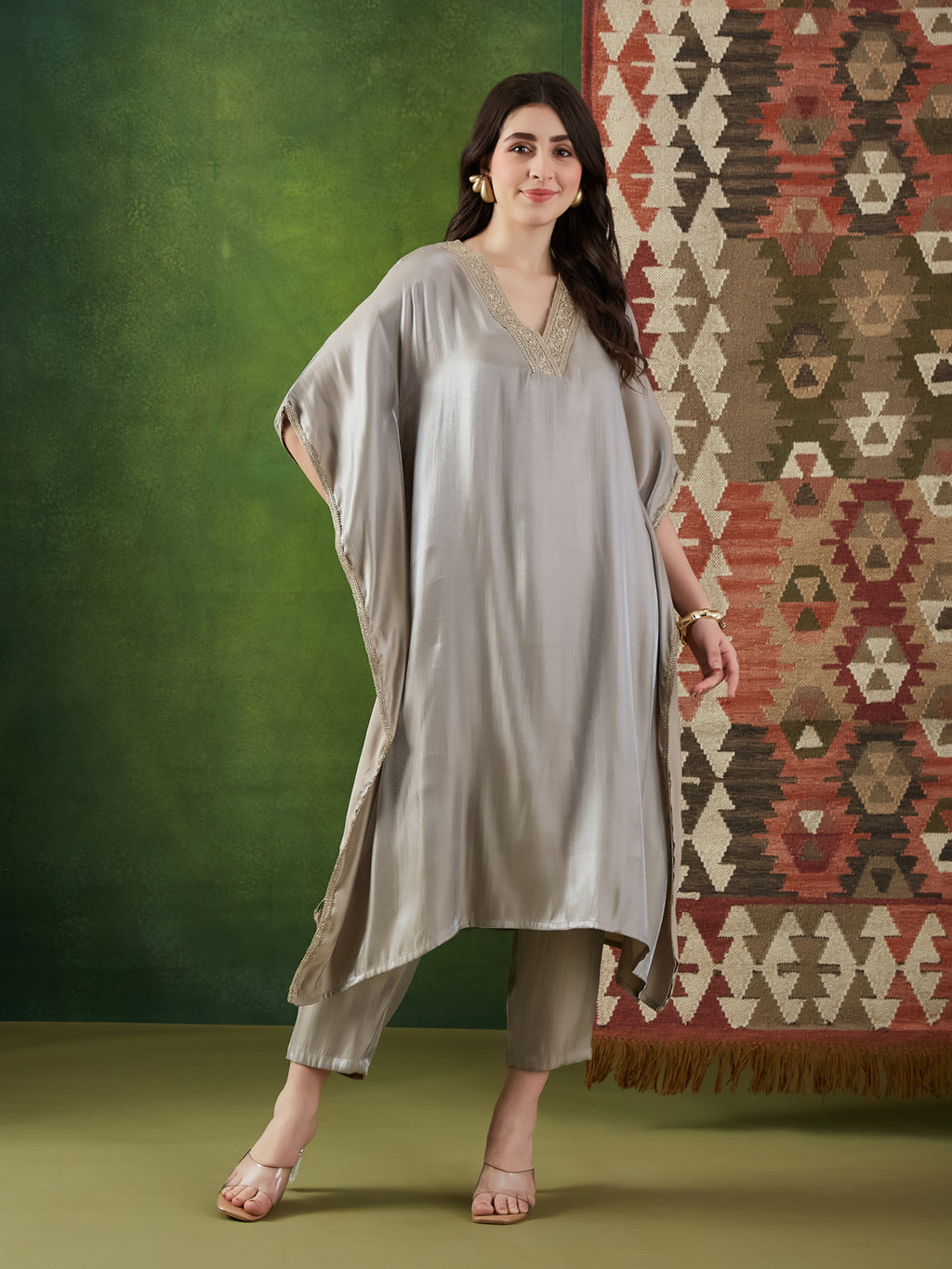 VASVI Women Satin Solid Embroidered Kaftan Kurta with Pant Set, Grey