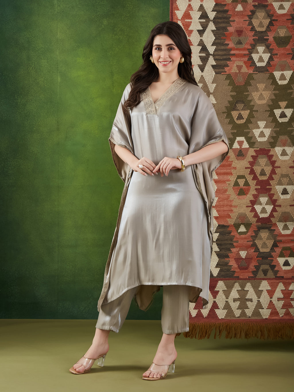 VASVI Women Satin Solid Embroidered Kaftan Kurta with Pant Set, Grey