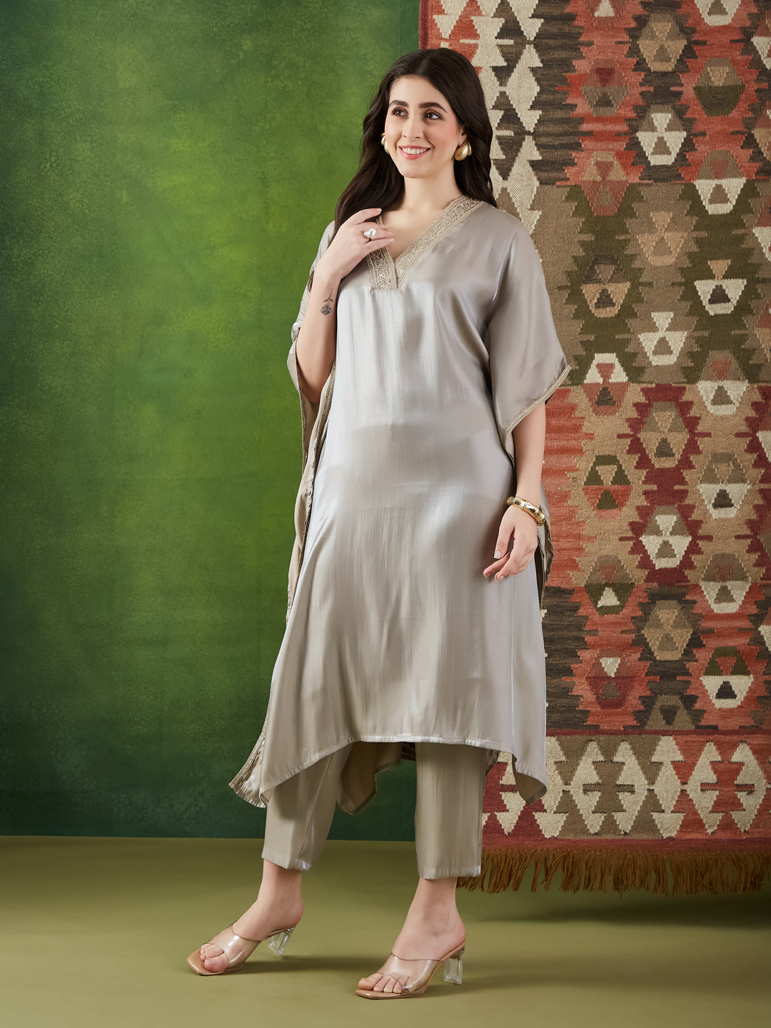 VASVI Women Satin Solid Embroidered Kaftan Kurta with Pant Set, Grey