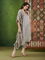 VASVI Women Satin Solid Embroidered Kaftan Kurta with Pant Set, Grey