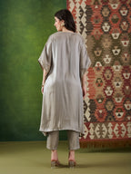 VASVI Women Satin Solid Embroidered Kaftan Kurta with Pant Set, Grey