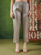 VASVI Women Satin Solid Embroidered Kaftan Kurta with Pant Set, Grey
