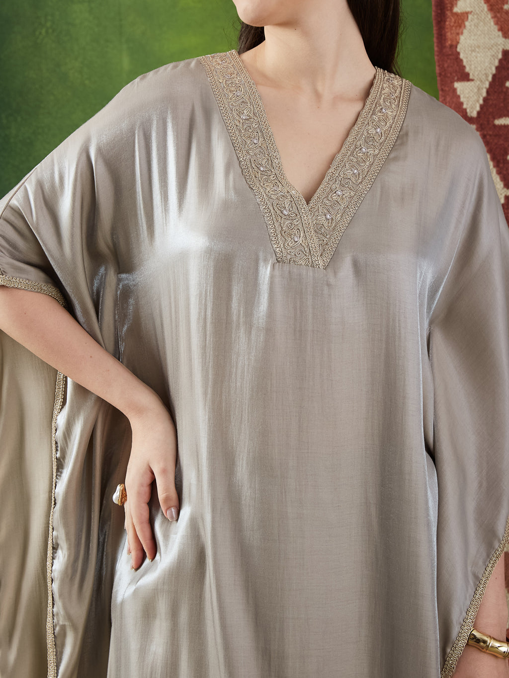 VASVI Women Satin Solid Embroidered Kaftan Kurta with Pant Set, Grey