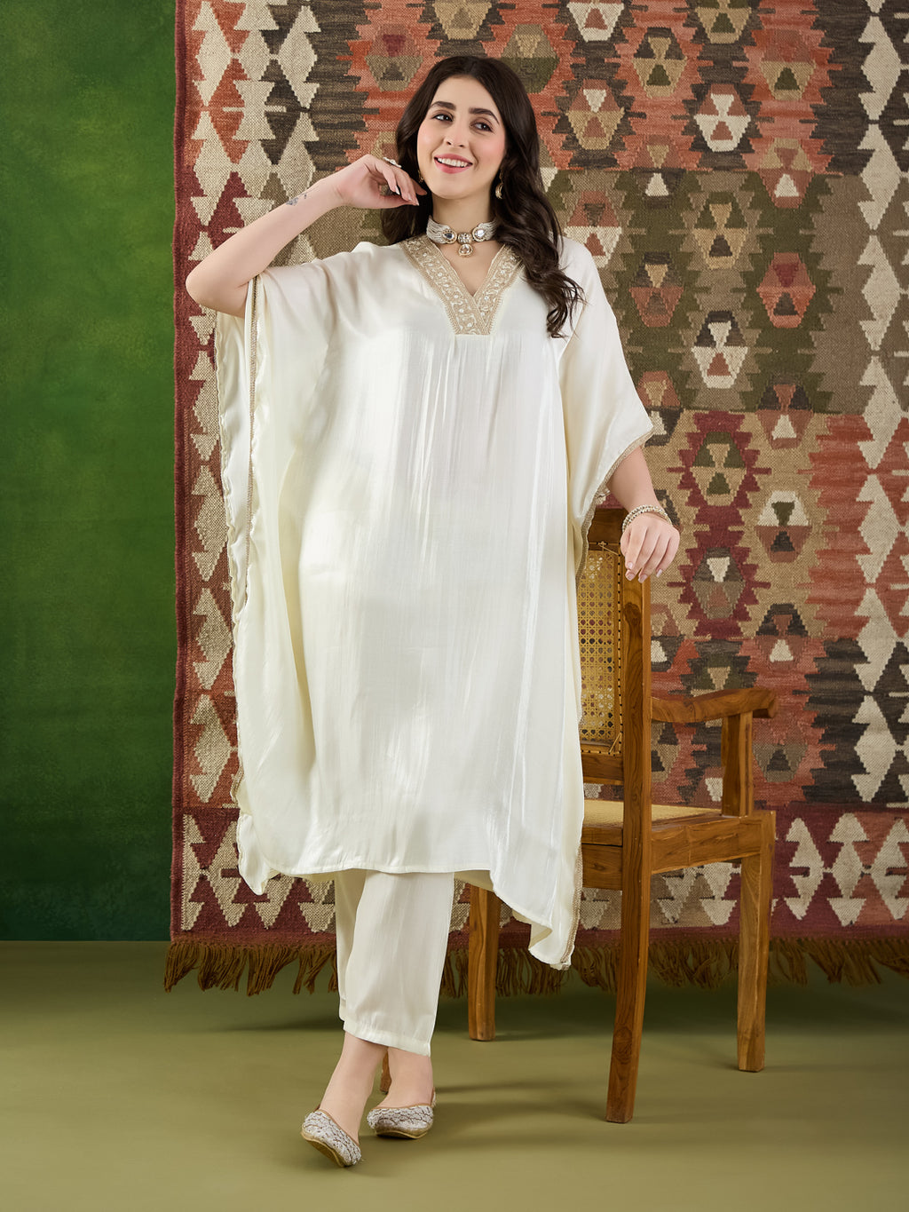 VASVI Women Satin Embroidered Solid Kaftan Kurta with Pant Set, Ivory