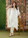 VASVI Women Satin Embroidered Solid Kaftan Kurta with Pant Set, Ivory