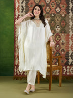 VASVI Women Satin Embroidered Solid Kaftan Kurta with Pant Set, Ivory