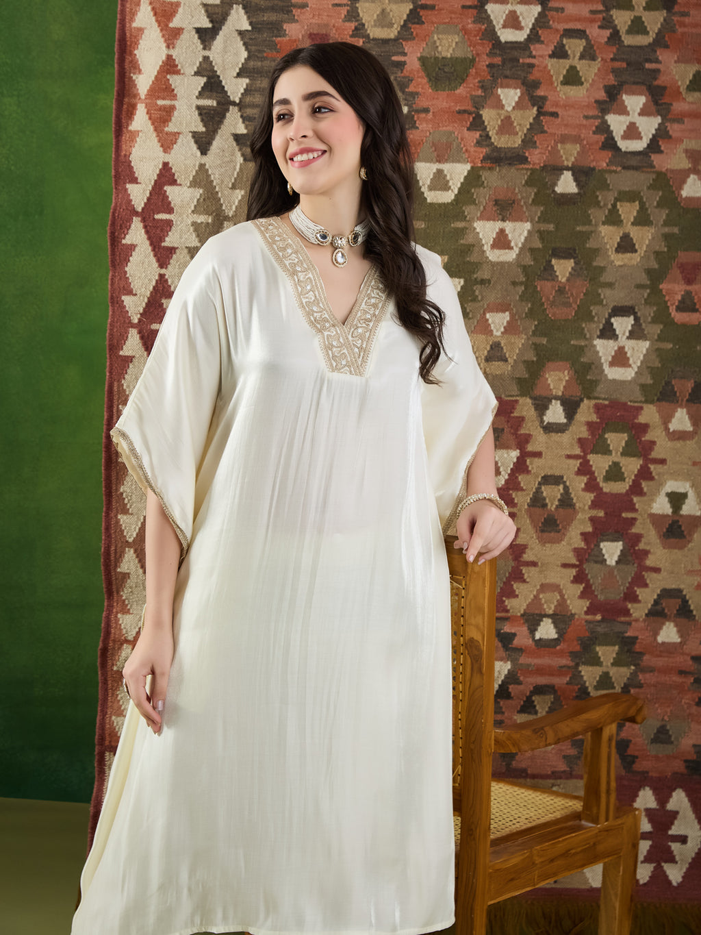 VASVI Women Satin Embroidered Solid Kaftan Kurta with Pant Set, Ivory