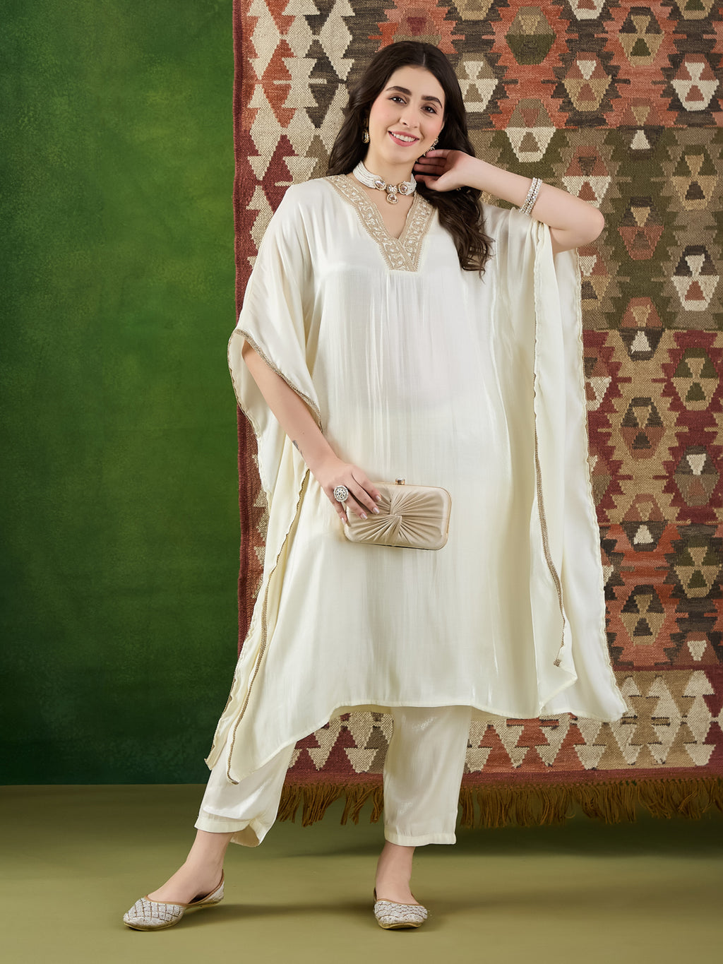 VASVI Women Satin Embroidered Solid Kaftan Kurta with Pant Set, Ivory