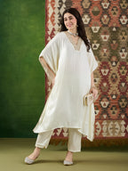 VASVI Women Satin Embroidered Solid Kaftan Kurta with Pant Set, Ivory