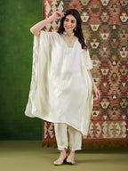 VASVI Women Satin Embroidered Solid Kaftan Kurta with Pant Set, Ivory