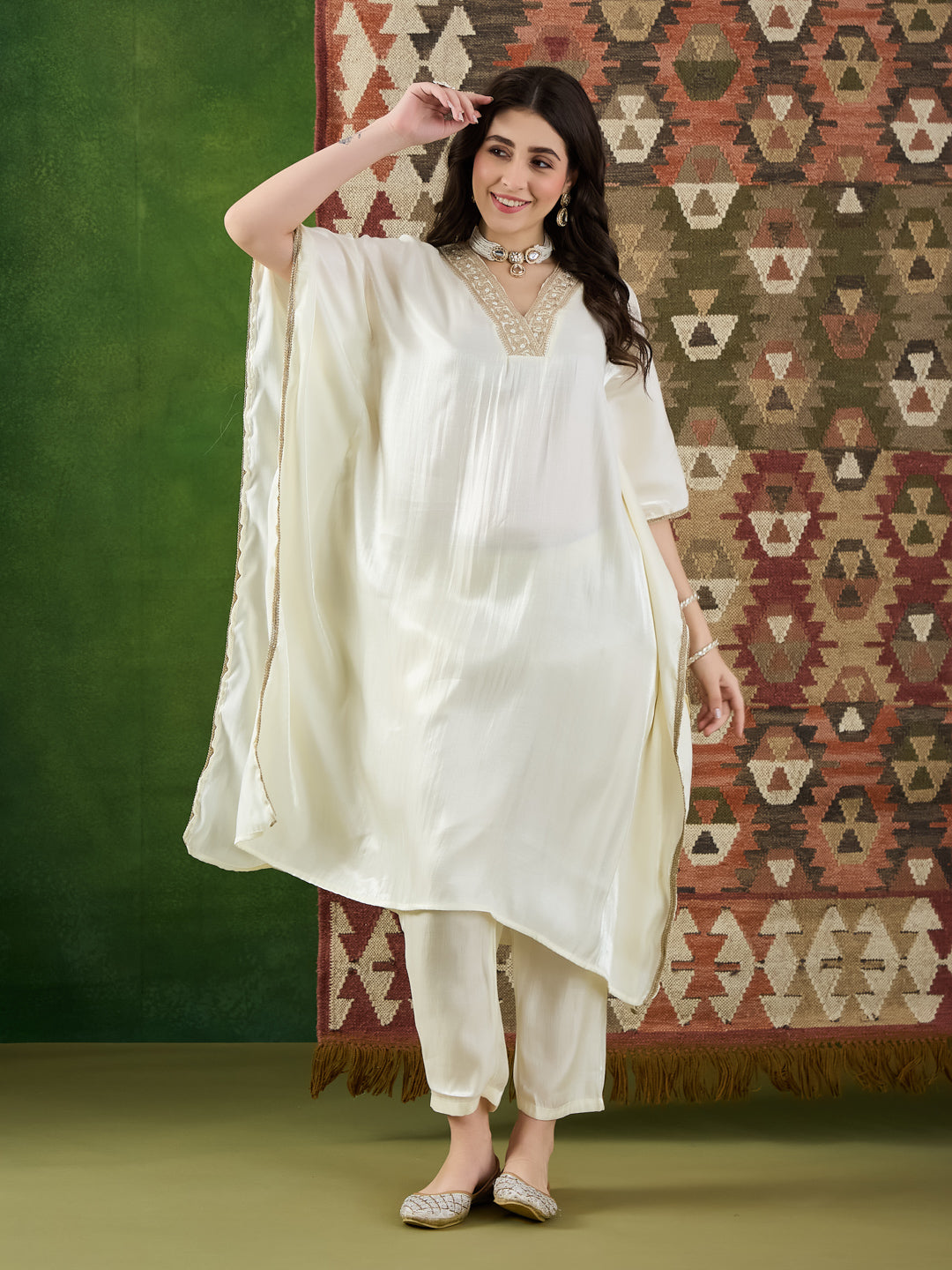VASVI Women Satin Embroidered Solid Kaftan Kurta with Pant Set, Ivory