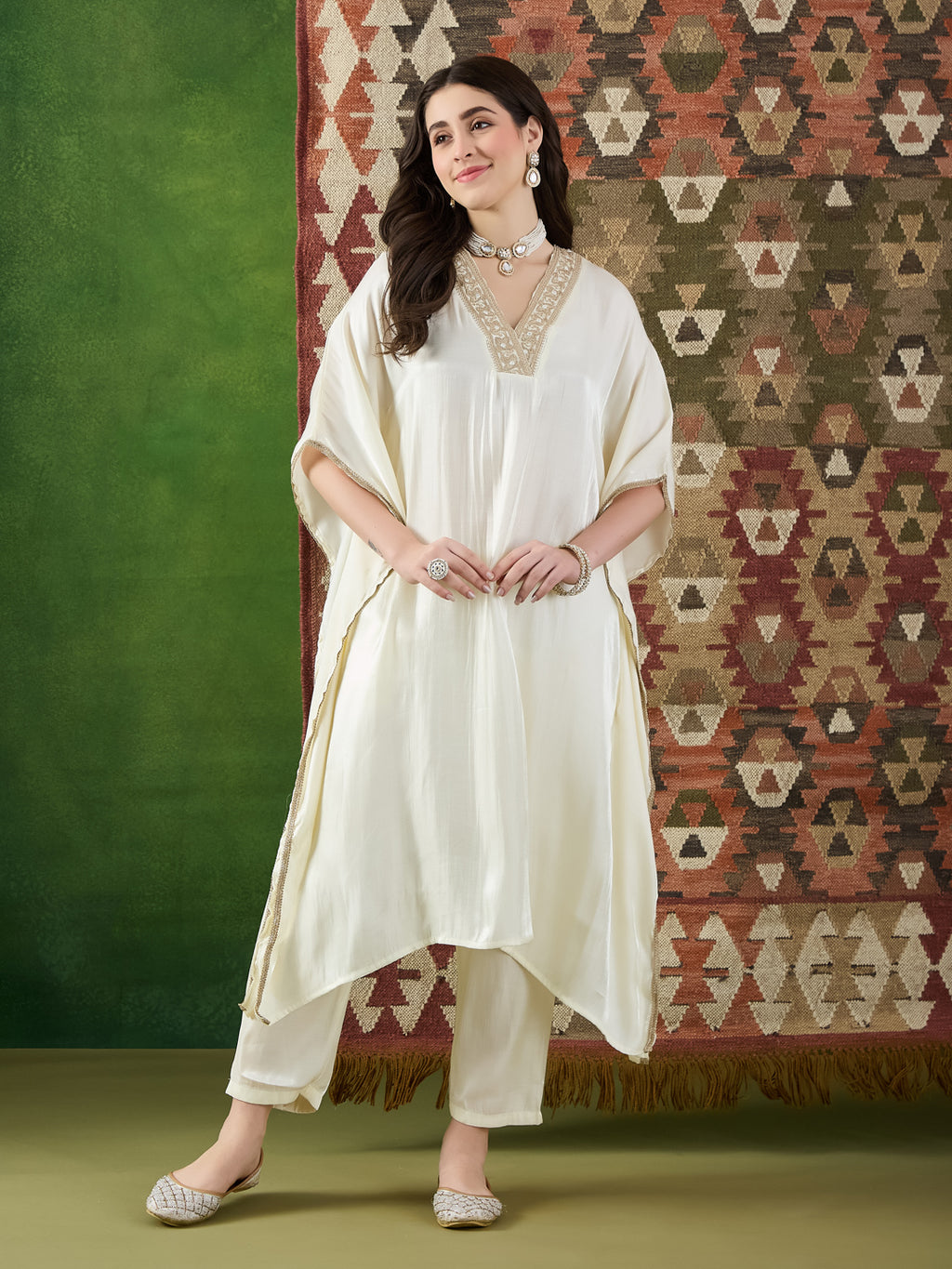 VASVI Women Satin Embroidered Solid Kaftan Kurta with Pant Set, Ivory