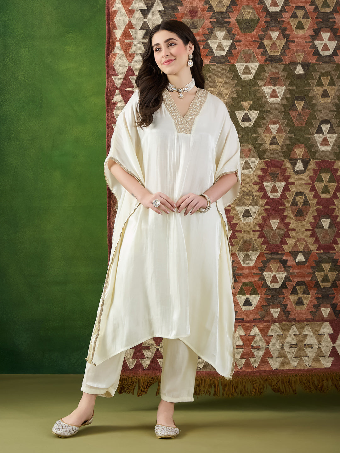 VASVI Women Satin Embroidered Solid Kaftan Kurta with Pant Set, Ivory