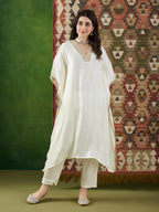 VASVI Women Satin Embroidered Solid Kaftan Kurta with Pant Set, Ivory