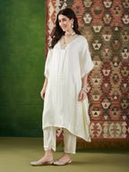 VASVI Women Satin Embroidered Solid Kaftan Kurta with Pant Set, Ivory