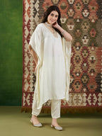 VASVI Women Satin Embroidered Solid Kaftan Kurta with Pant Set, Ivory