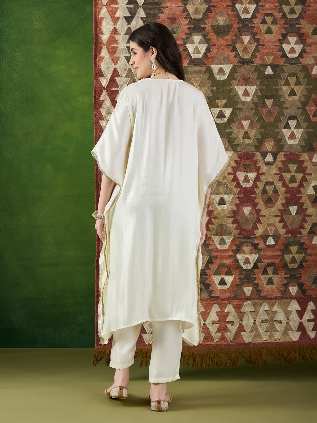 VASVI Women Satin Embroidered Solid Kaftan Kurta with Pant Set, Ivory