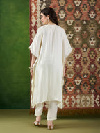 VASVI Women Satin Embroidered Solid Kaftan Kurta with Pant Set, Ivory