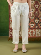 VASVI Women Satin Embroidered Solid Kaftan Kurta with Pant Set, Ivory