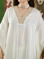 VASVI Women Satin Embroidered Solid Kaftan Kurta with Pant Set, Ivory