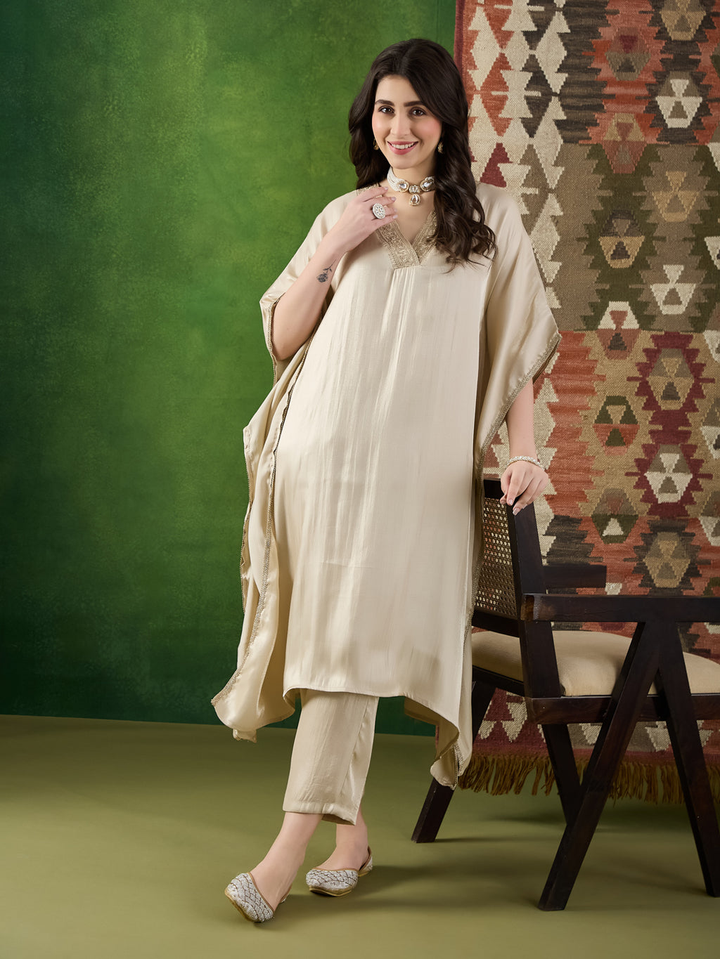 VASVI Women Satin Solid Embroidered Kaftan Kurta with Pant Set, Beige