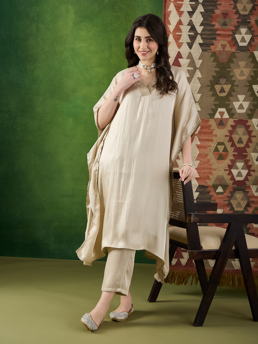 VASVI Women Satin Solid Embroidered Kaftan Kurta with Pant Set, Beige