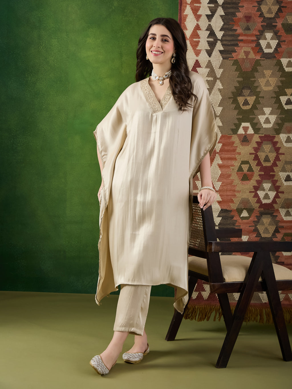 VASVI Women Satin Solid Embroidered Kaftan Kurta with Pant Set, Beige