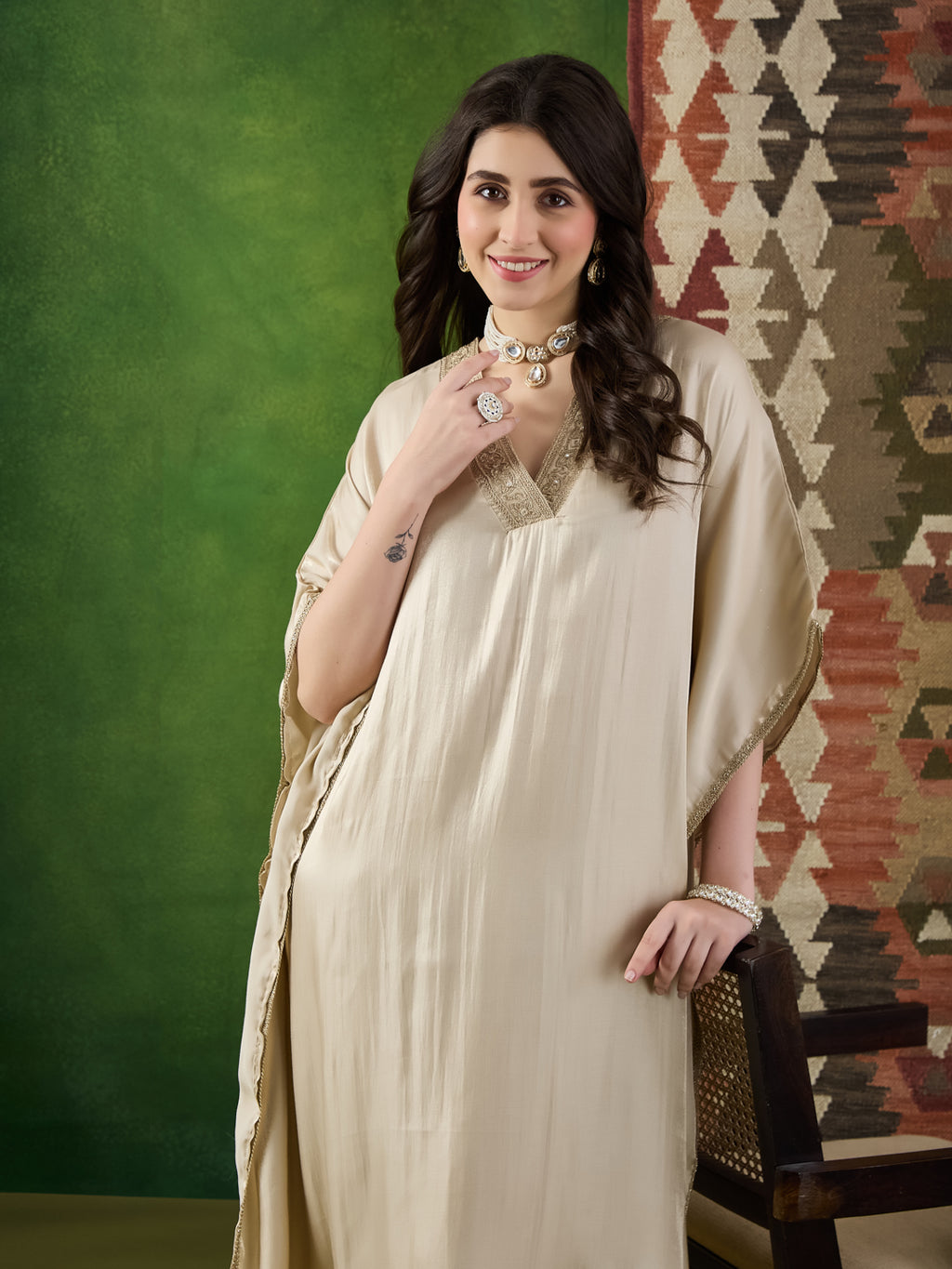 VASVI Women Satin Solid Embroidered Kaftan Kurta with Pant Set, Beige