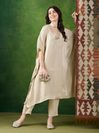 VASVI Women Satin Solid Embroidered Kaftan Kurta with Pant Set, Beige