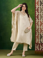 VASVI Women Satin Solid Embroidered Kaftan Kurta with Pant Set, Beige