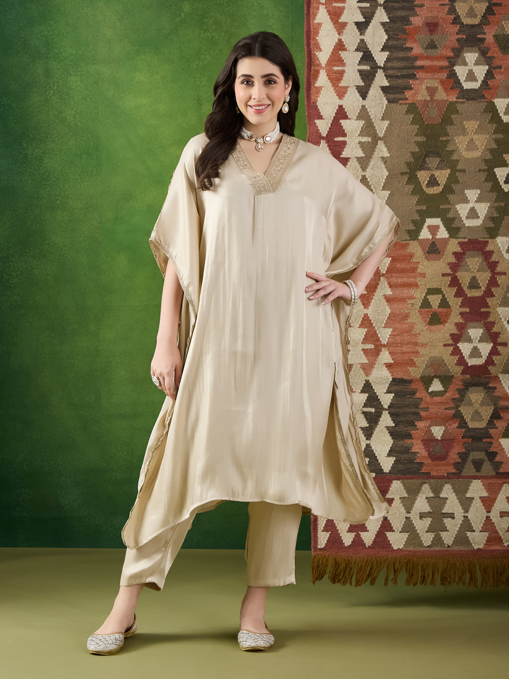 VASVI Women Satin Solid Embroidered Kaftan Kurta with Pant Set, Beige