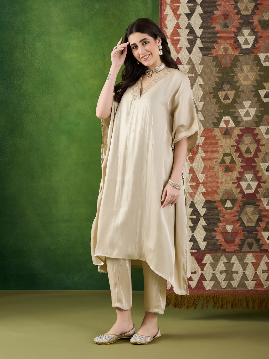 VASVI Women Satin Solid Embroidered Kaftan Kurta with Pant Set, Beige