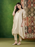 VASVI Women Satin Solid Embroidered Kaftan Kurta with Pant Set, Beige