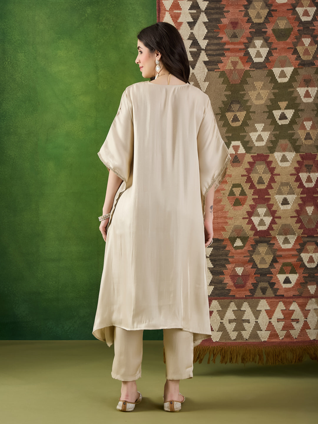 VASVI Women Satin Solid Embroidered Kaftan Kurta with Pant Set, Beige