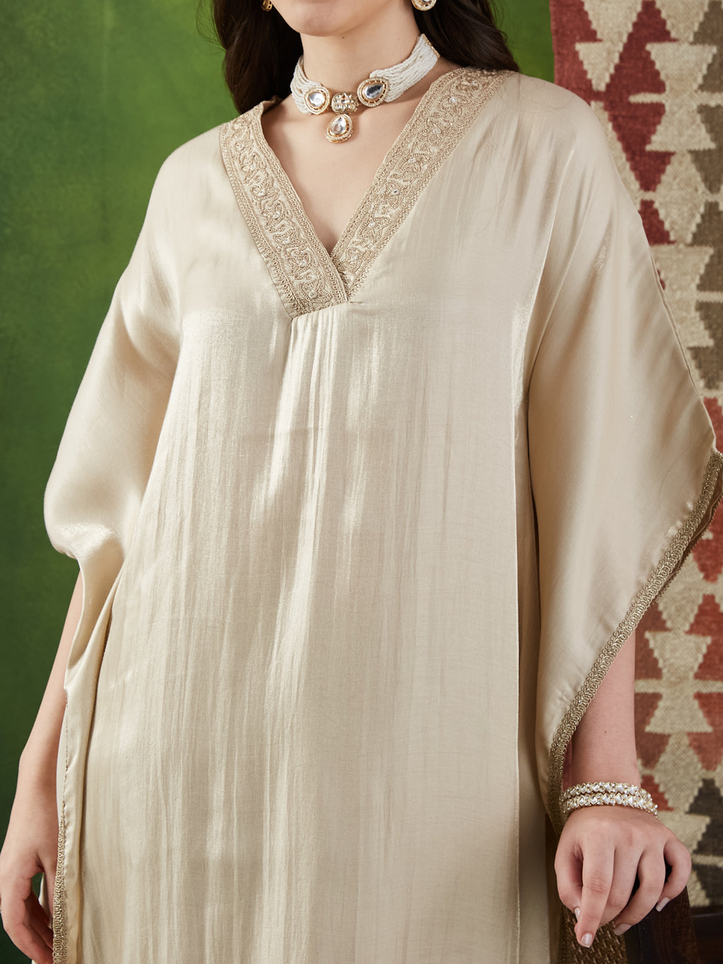 VASVI Women Satin Solid Embroidered Kaftan Kurta with Pant Set, Beige