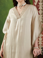 VASVI Women Satin Solid Embroidered Kaftan Kurta with Pant Set, Beige